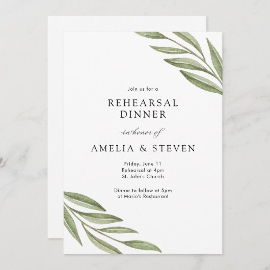 Invitation Dîner de répétition simple Branches vertes (Devant / Derrière)