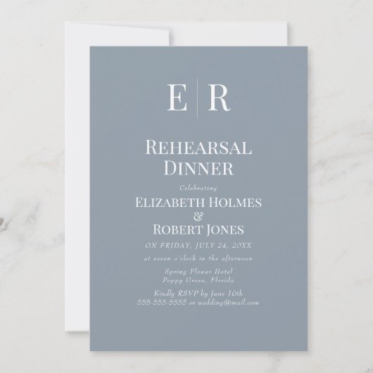 Invitation Dîner de répétition simple Dusty Blue Monogram (Devant)