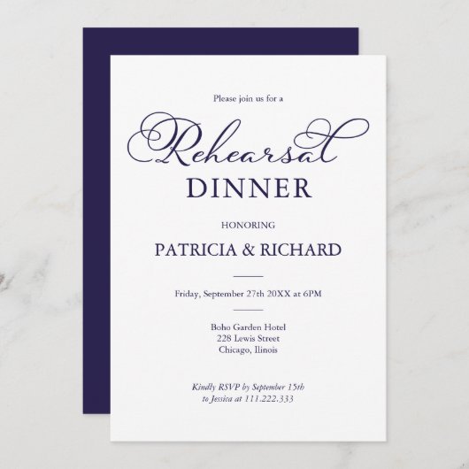 Invitation Dîner de répétition simple et chic Navy (Devant / Derrière)