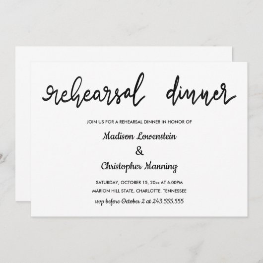 Invitation Dîner de répétition simple et élégant Script manus (Devant / Derrière)