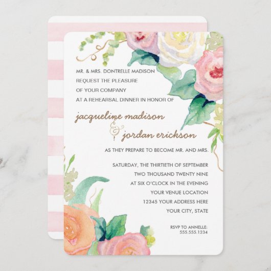 Invitation Dîner de répétition Simple moderne aquarelle Flora (Devant / Derrière)