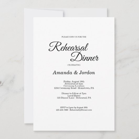 Invitation Dîner de répétition simple noir blanc (Devant)