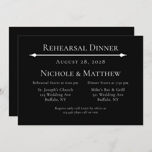 Invitation Dîner de répétition simple noir et blanc (Devant / Derrière)