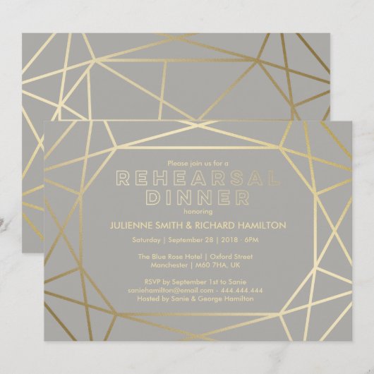 Invitation Dîner de répétition sophistiqué Dove Grey & Gold (Devant / Derrière)
