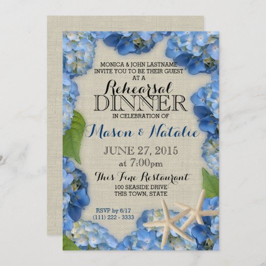 Invitation Dîner de répétition Starfish and Hydrangeas Beach (Devant / Derrière)