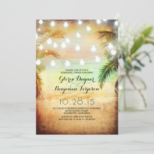 Invitation Dîner de répétition Sunset Beach & String Lights (Debout devant)