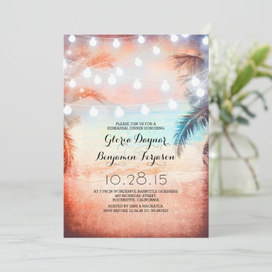 Invitation Dîner de répétition Sunset Beach & String Lights (Debout devant)