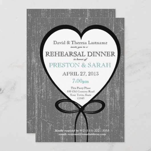 Invitation Dîner de répétition sur le bois et le coeur (Devant / Derrière)