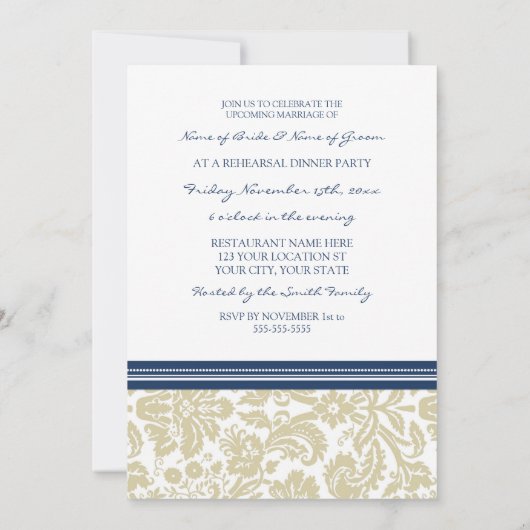 Invitation Dîner de répétition Tan Blue Damask (Dos)