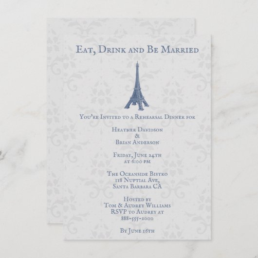 Invitation Dîner de répétition Tour Eiffel bleu Mariage damas (Devant / Derrière)