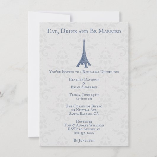Invitation Dîner de répétition Tour Eiffel bleu Mariage damas (Devant)