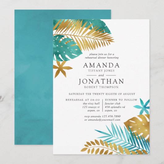 Invitation Dîner de répétition tropical sarcelle et or (Devant / Derrière)