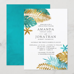 Invitation Dîner de répétition tropical sarcelle et or