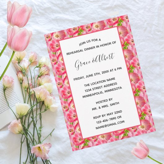 Invitation Dîner de répétition Tulipes Aquarelle Rose Invitat