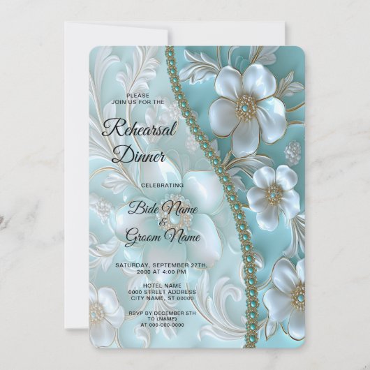 Invitation Dîner de répétition turquoise blanc (Devant)
