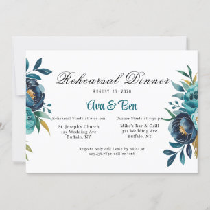 Invitation Dîner de répétition turquoise et Marine Blue Peony
