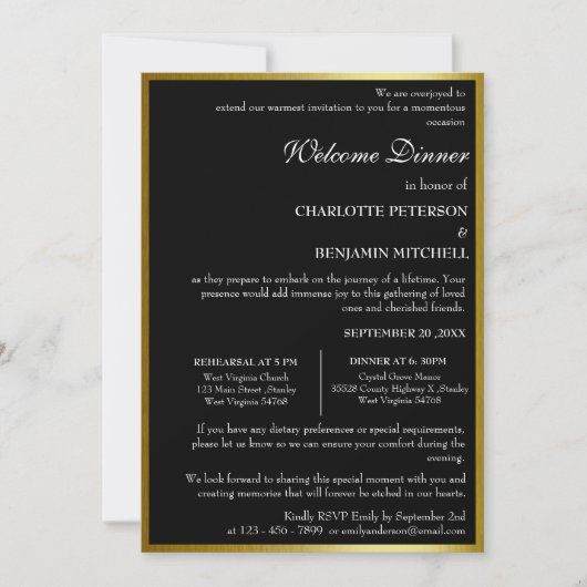 Invitation Dîner de répétition unique noir et or (Devant)