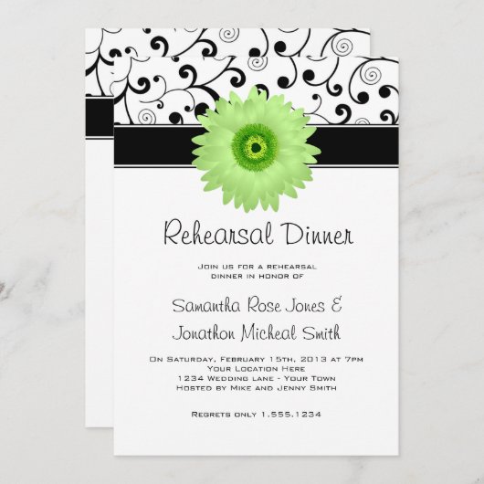 Invitation Dîner de répétition Vert Gerbera Daisy Black Scrol (Devant / Derrière)