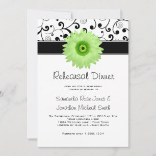 Invitation Dîner de répétition Vert Gerbera Daisy Black Scrol