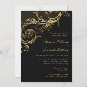 Invitation Dîner de répétition vintage Black Gold Floral