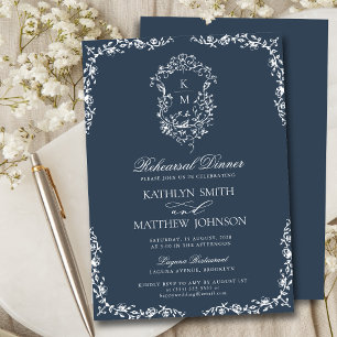 Invitation Dîner de répétition Vintage Monogramme bleu de la