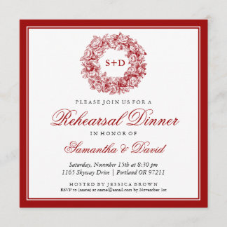Invitation Dîner de répétition Vintage Monogramme floral roug
