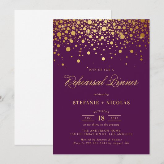 Invitation Dîner de répétition violet Faux Gold Foil Confetti (Devant / Derrière)