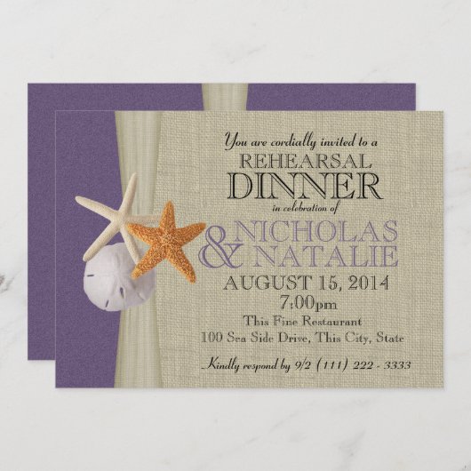 Invitation Dîner de répétition violet Ocean et Burlap (Devant / Derrière)