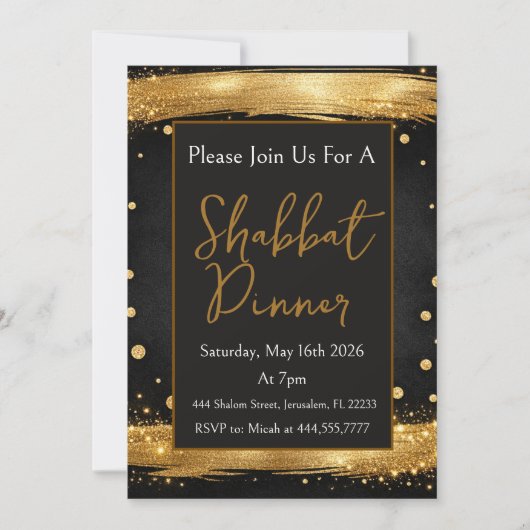 Invitation Dîner de Shabbat Or Noir Luxe Moderne (Devant)