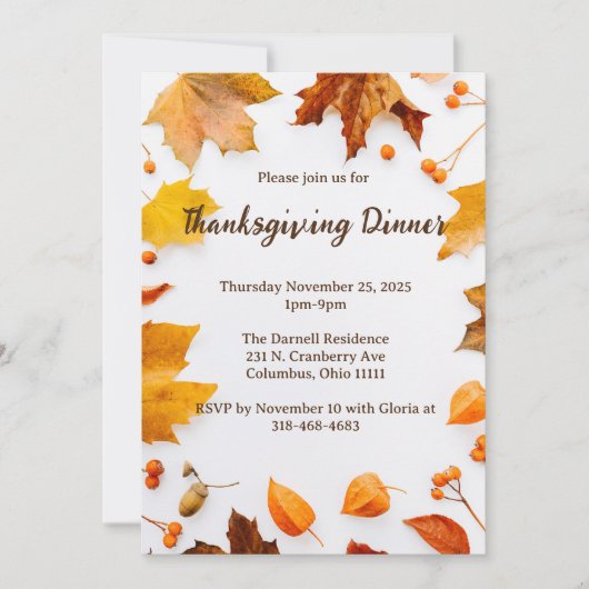 Invitation Dîner de Thanksgiving à feuilles d'automne (Devant)