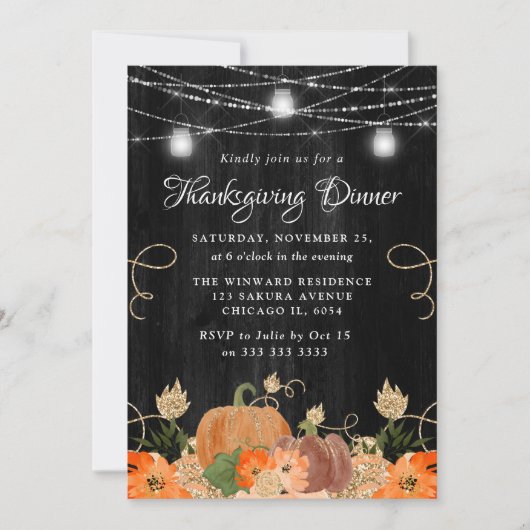 Invitation Dîner de Thanksgiving à la citrouille rustique et (Devant)