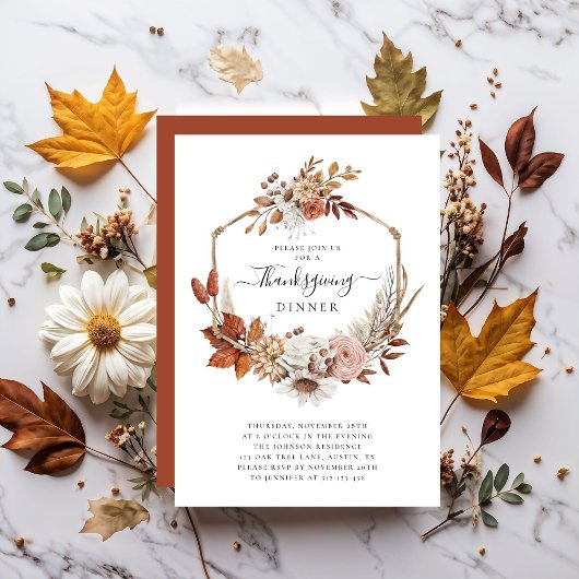 Invitation Dîner de Thanksgiving aux feuilles d'automne rusti
