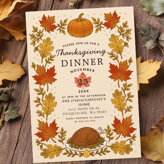 Invitation Dîner de Thanksgiving aux feuilles d'automne rusti