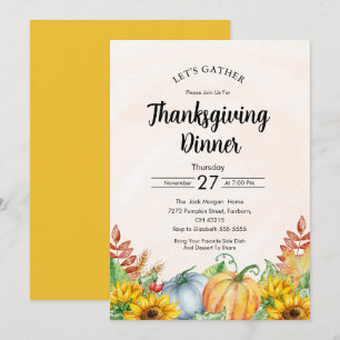 Invitation Dîner de Thanksgiving aux tournesols et citrouille