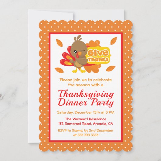 Invitation Dîner de Thanksgiving avec un dindon mignon (Devant)