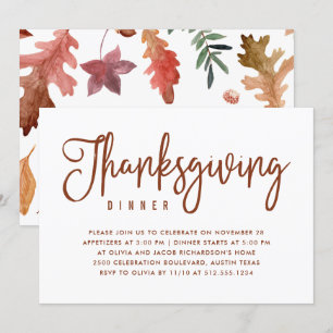 Invitation Dîner de Thanksgiving Blanc avec feuilles d'auto