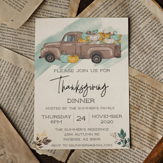 Invitation Dîner de Thanksgiving Camion Citrouille Aquarelle