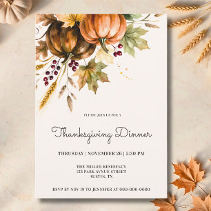 Invitation Dîner de Thanksgiving Citrouille Aquarelle Élégant