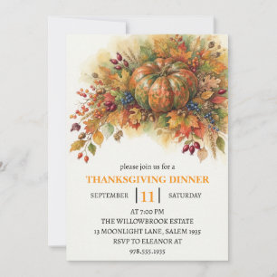 Invitation Dîner de Thanksgiving Citrouille & Feuilles d'Auto