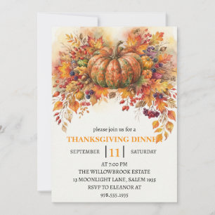 Invitation Dîner de Thanksgiving Citrouille & Feuilles d'Auto
