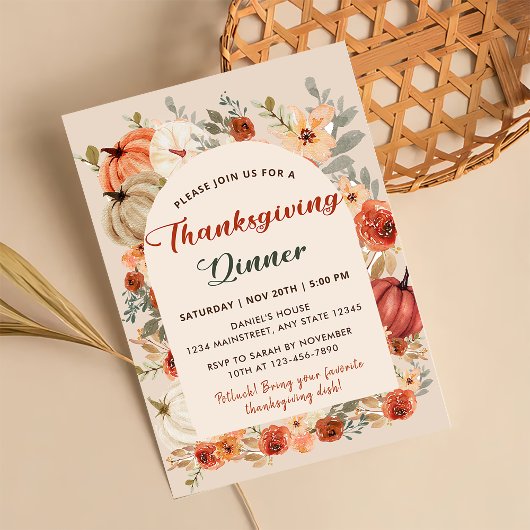 Invitation Dîner de Thanksgiving Citrouille Floral Boho