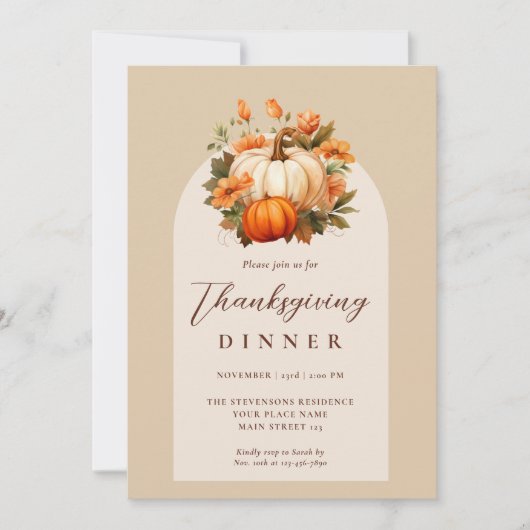Invitation Dîner de Thanksgiving Citrouille Floral Script Arc (Devant)