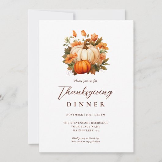Invitation Dîner de Thanksgiving Citrouille Floral Script Bla (Devant)