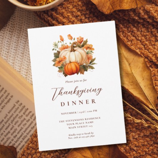 Invitation Dîner de Thanksgiving Citrouille Floral Script Bla
