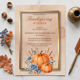 Invitation Dîner de Thanksgiving Citrouille Florale Bleu Pous