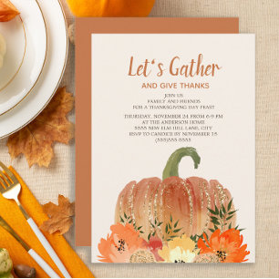 Invitation Dîner de Thanksgiving Citrouilles oranges Or vert