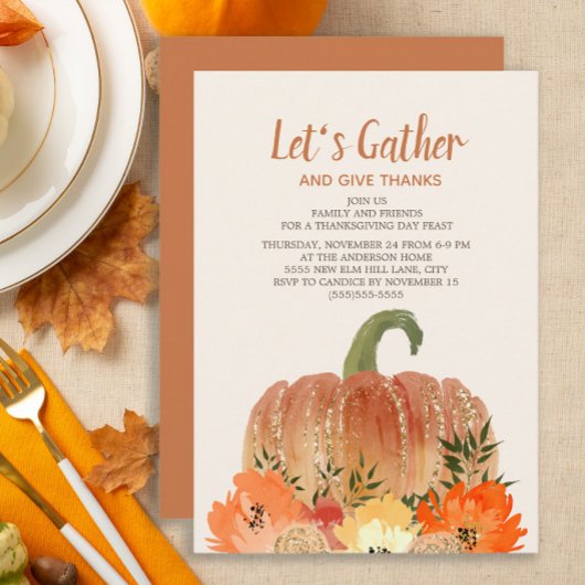 Invitation Dîner de Thanksgiving Citrouilles oranges Or vert