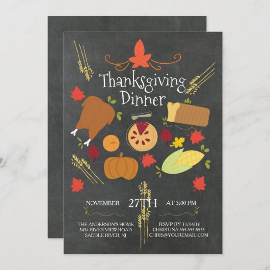 Invitation Dîner de Thanksgiving Cute Chalkboard (Devant / Derrière)