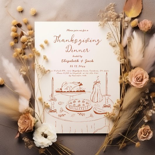 Invitation Dîner de Thanksgiving dessiné à la main Orange & C
