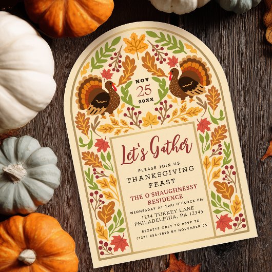 Invitation Dîner de Thanksgiving Dinde & Arche de feuilles d'